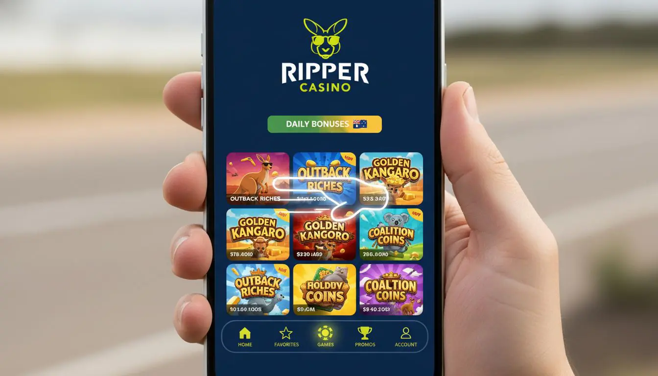 A sleek mobile casino lobby with game tiles and fast navigation for Australian players